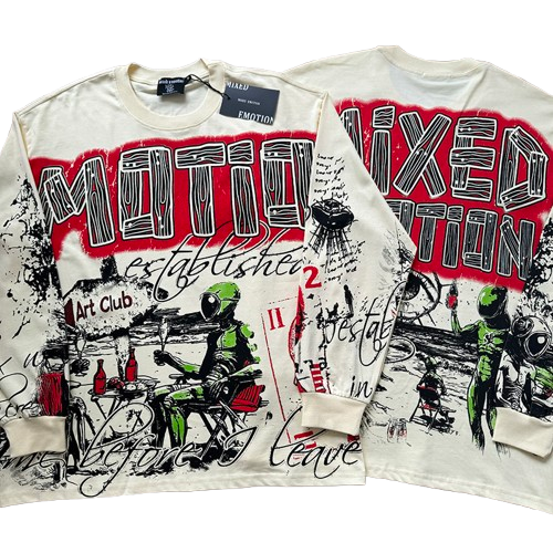 T-SHIRT MANCHES LONGUES MIXED EMOTION "CREAM ART CLUB" | L'Élégance Introspective